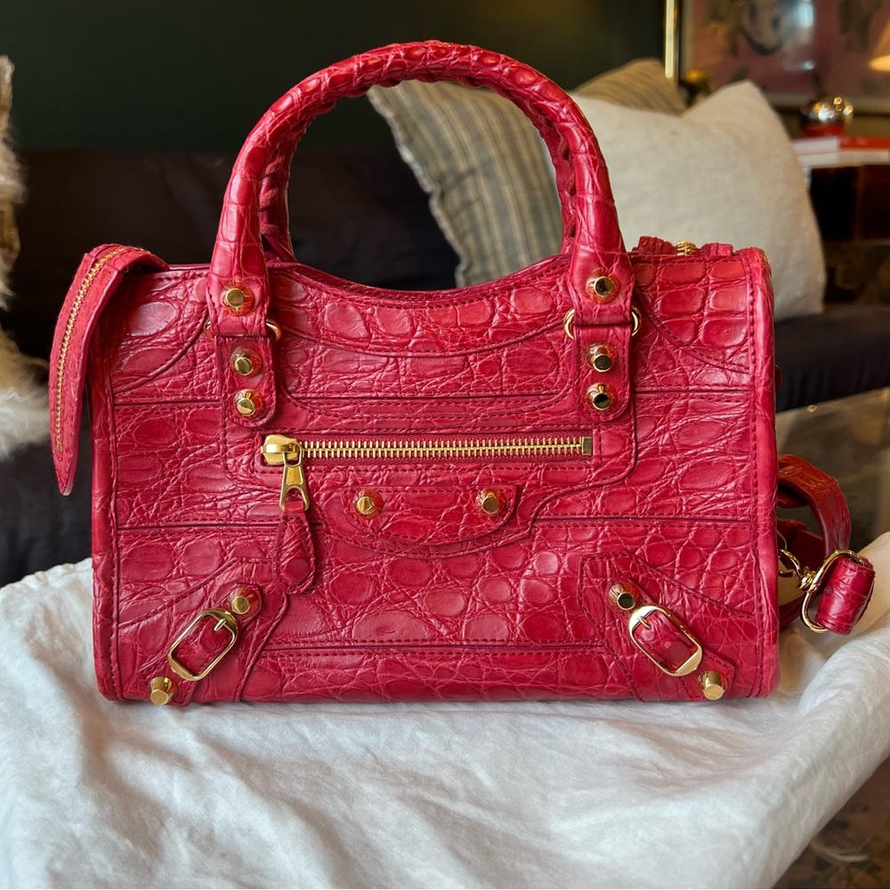 Balenciaga Red Crocodile Mini City Bag